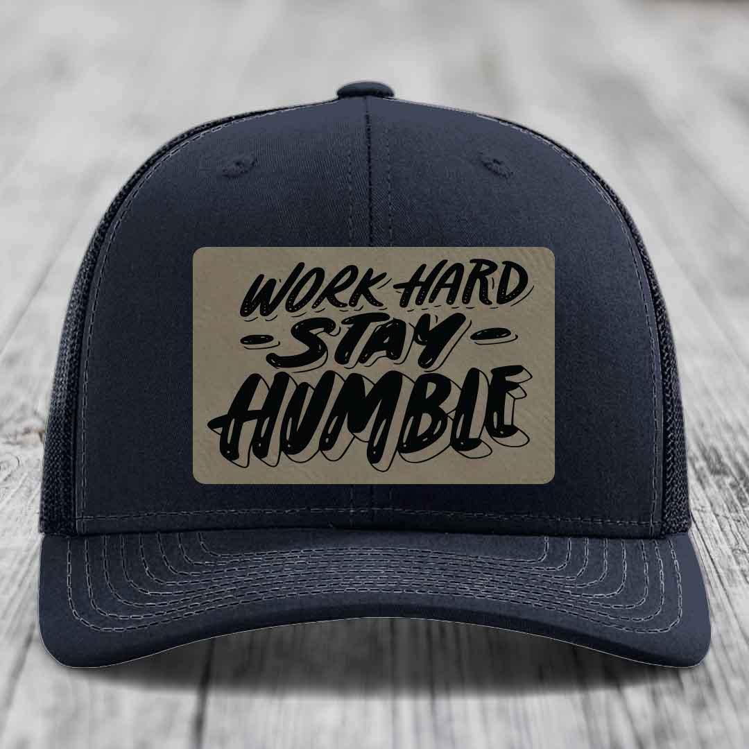 Work Hard, Stay Humble - Leather Patch Hat - Light Brown to Black Patch - Richardson 112 Snapback Trucker Hat