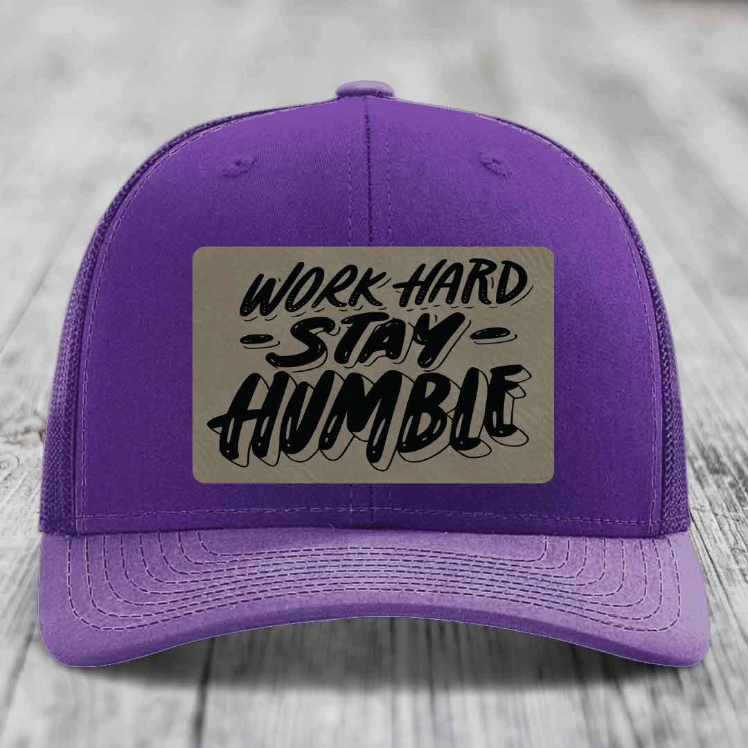 Work Hard, Stay Humble - Leather Patch Hat - Light Brown to Black Patch - Richardson 112 Snapback Trucker Hat