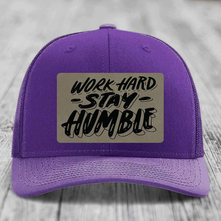 Work Hard, Stay Humble - Leather Patch Hat - Light Brown to Black Patch - Richardson 112 Snapback Trucker Hat