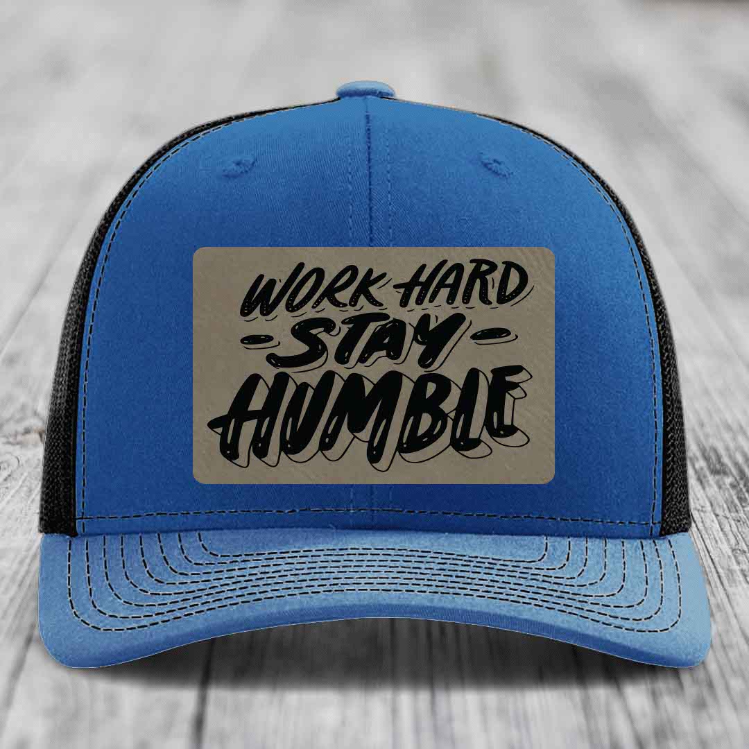 Work Hard, Stay Humble - Leather Patch Hat - Light Brown to Black Patch - Richardson 112 Snapback Trucker Hat