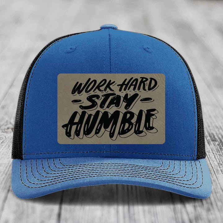 Work Hard, Stay Humble - Leather Patch Hat - Light Brown to Black Patch - Richardson 112 Snapback Trucker Hat
