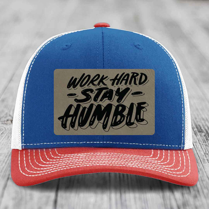 Work Hard, Stay Humble - Leather Patch Hat - Light Brown to Black Patch - Richardson 112 Snapback Trucker Hat