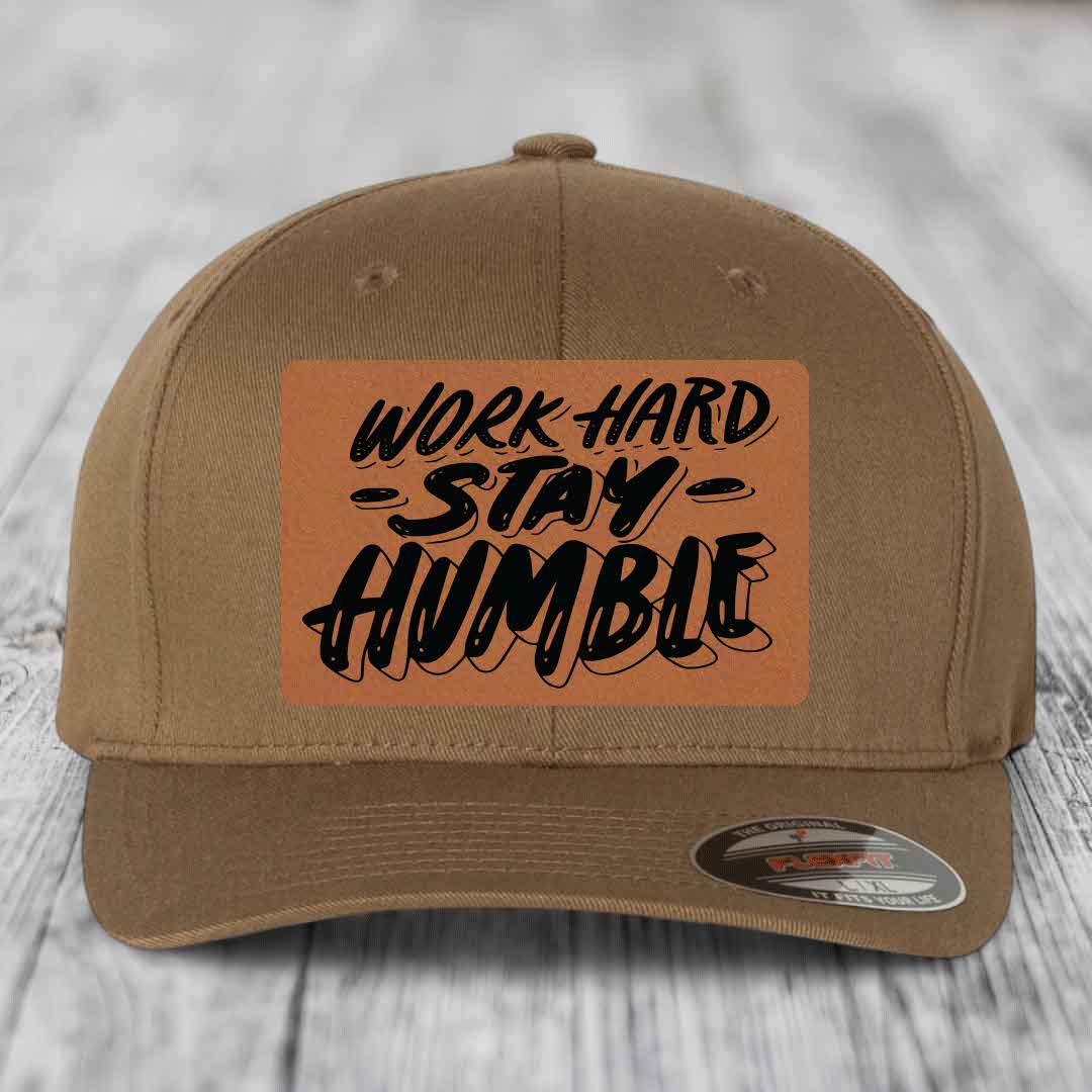 Work Hard, Stay Humble - Leather Patch Hat - Rawhide to Black Patch - Flexfit 6277 Fitted Hat