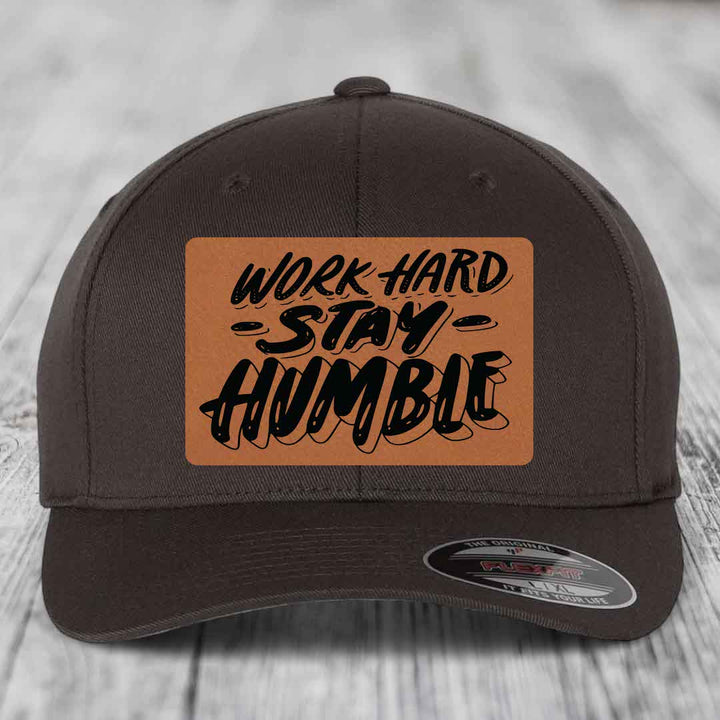 Work Hard, Stay Humble - Leather Patch Hat - Rawhide to Black Patch - Flexfit 6277 Fitted Hat