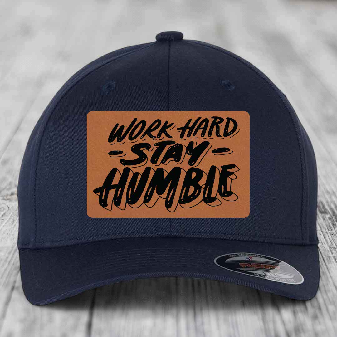 Work Hard, Stay Humble - Leather Patch Hat - Rawhide to Black Patch - Flexfit 6277 Fitted Hat