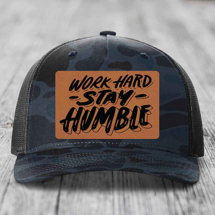 Work Hard, Stay Humble - Leather Patch Hat - Rawhide to Black Patch - Richardson 112PFP Snapback Trucker Hat
