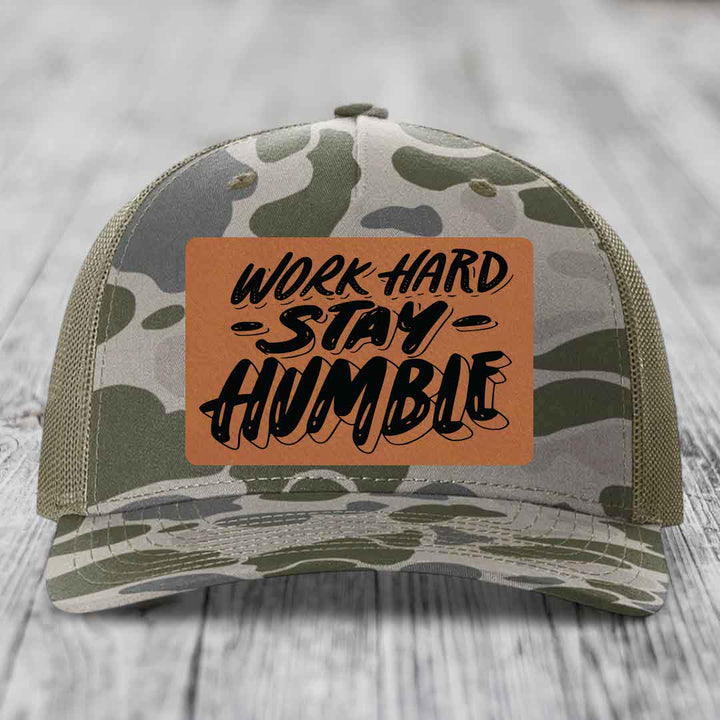 Work Hard, Stay Humble - Leather Patch Hat - Rawhide to Black Patch - Richardson 112PFP Snapback Trucker Hat