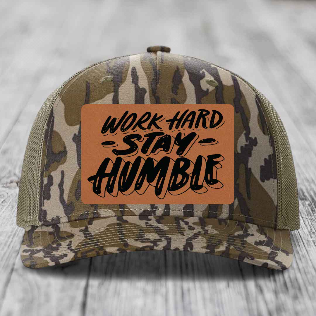 Work Hard, Stay Humble - Leather Patch Hat - Rawhide to Black Patch - Richardson 112PFP Snapback Trucker Hat