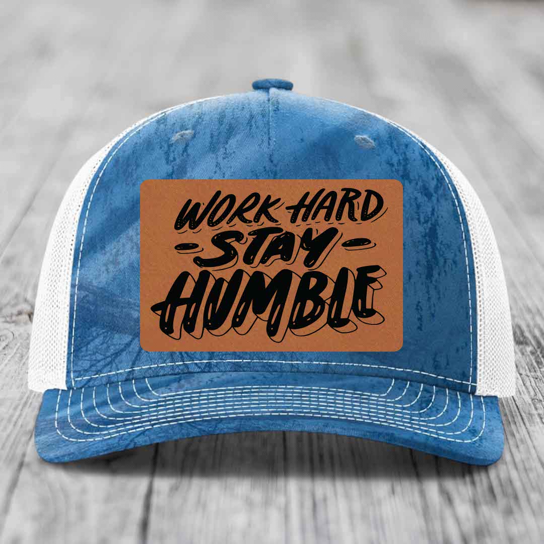 Work Hard, Stay Humble - Leather Patch Hat - Rawhide to Black Patch - Richardson 112PFP Snapback Trucker Hat