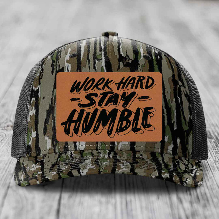 Work Hard, Stay Humble - Leather Patch Hat - Rawhide to Black Patch - Richardson 112PFP Snapback Trucker Hat