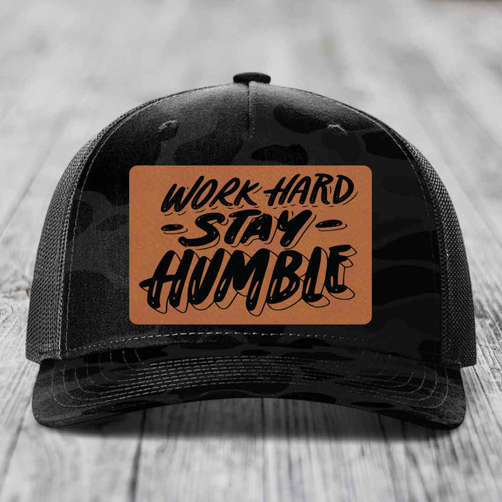 Work Hard, Stay Humble - Leather Patch Hat - Rawhide to Black Patch - Richardson 112PFP Snapback Trucker Hat