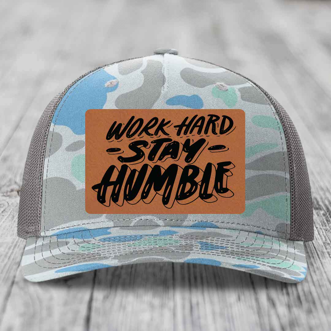 Work Hard, Stay Humble - Leather Patch Hat - Rawhide to Black Patch - Richardson 112PFP Snapback Trucker Hat