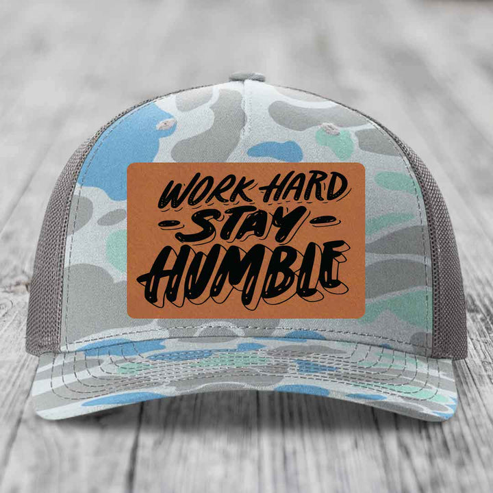 Work Hard, Stay Humble - Leather Patch Hat - Rawhide to Black Patch - Richardson 112PFP Snapback Trucker Hat