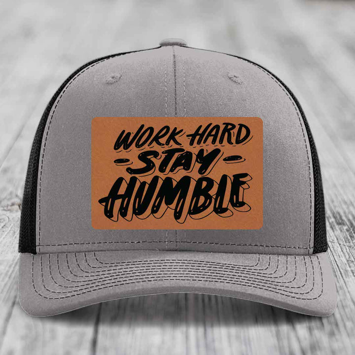 Work Hard, Stay Humble - Leather Patch Hat - Rawhide to Black Patch - Richardson 112 Snapback Trucker Hat