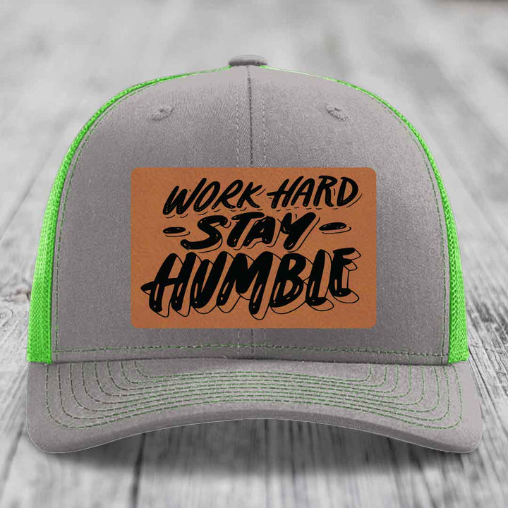 Work Hard, Stay Humble - Leather Patch Hat - Rawhide to Black Patch - Richardson 112 Snapback Trucker Hat