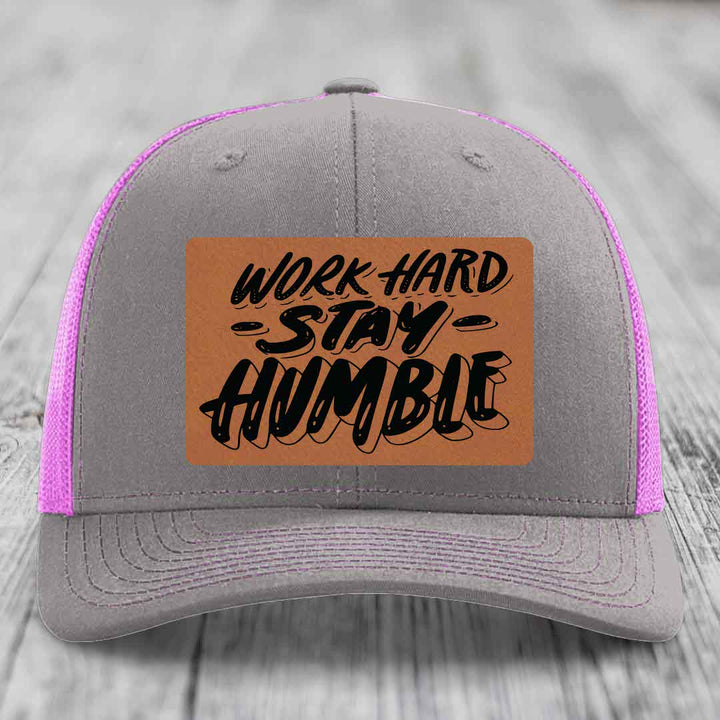 Work Hard, Stay Humble - Leather Patch Hat - Rawhide to Black Patch - Richardson 112 Snapback Trucker Hat