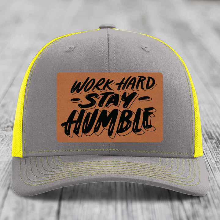 Work Hard, Stay Humble - Leather Patch Hat - Rawhide to Black Patch - Richardson 112 Snapback Trucker Hat