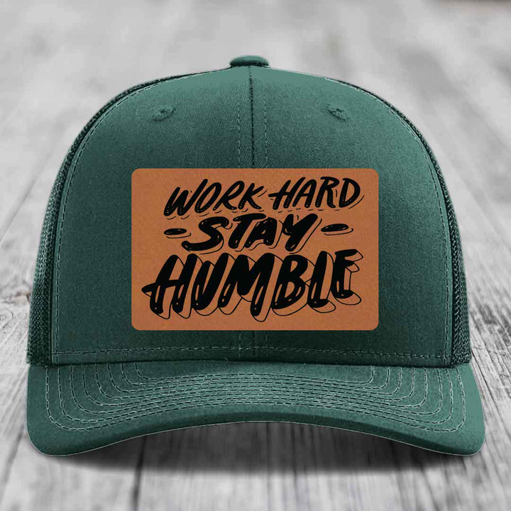 Work Hard, Stay Humble - Leather Patch Hat - Rawhide to Black Patch - Richardson 112 Snapback Trucker Hat