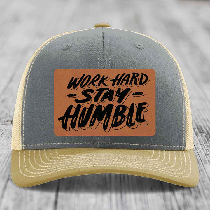 Work Hard, Stay Humble - Leather Patch Hat - Rawhide to Black Patch - Richardson 112 Snapback Trucker Hat