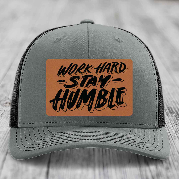Work Hard, Stay Humble - Leather Patch Hat - Rawhide to Black Patch - Richardson 112 Snapback Trucker Hat