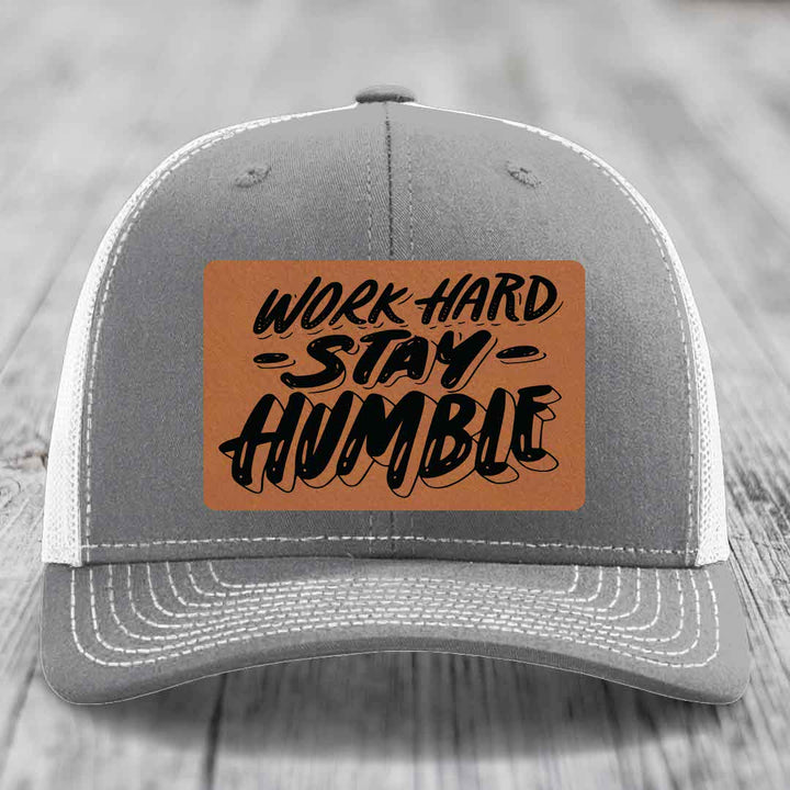 Work Hard, Stay Humble - Leather Patch Hat - Rawhide to Black Patch - Richardson 112 Snapback Trucker Hat