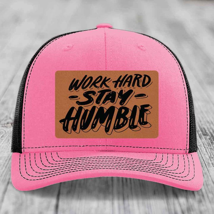 Work Hard, Stay Humble - Leather Patch Hat - Rawhide to Black Patch - Richardson 112 Snapback Trucker Hat