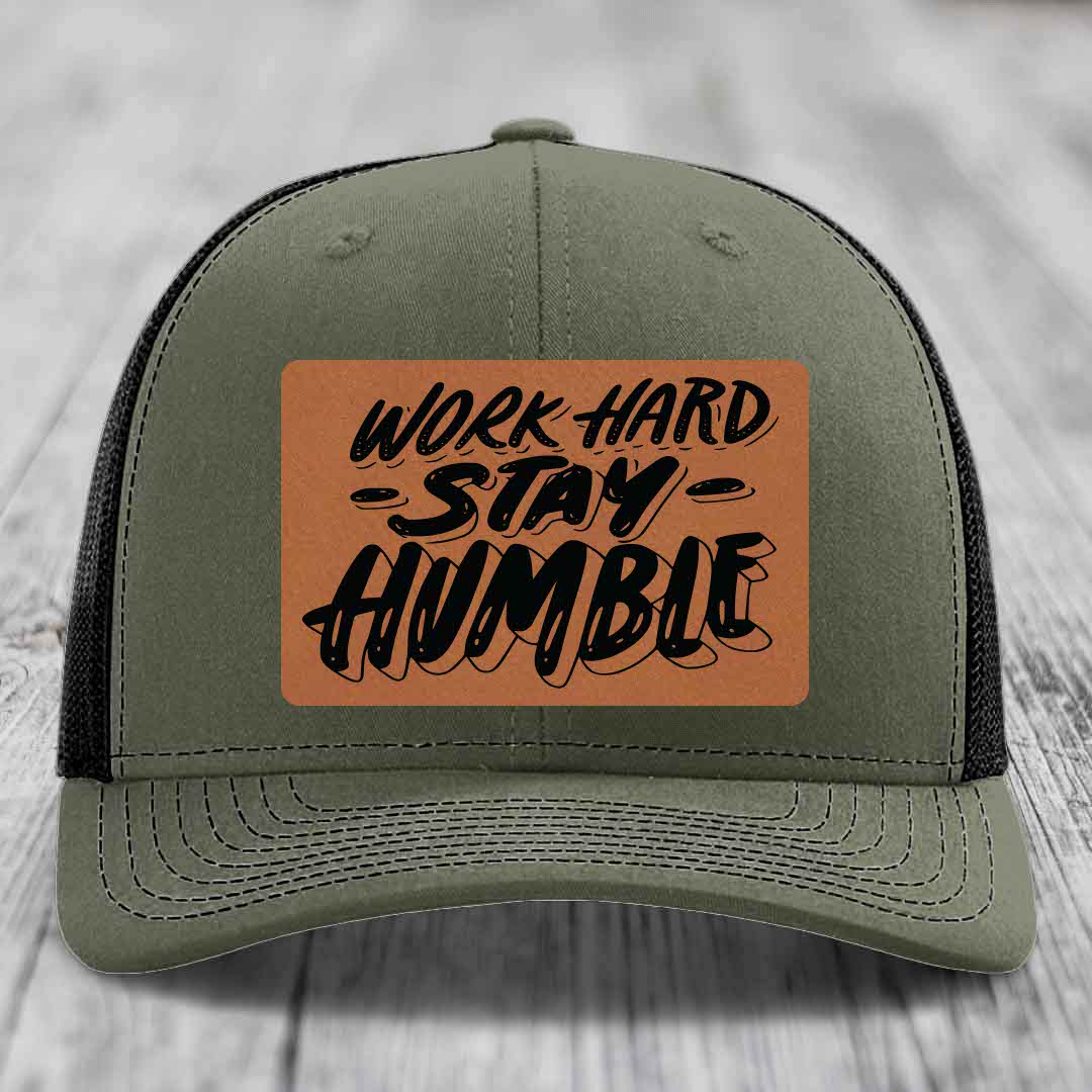 Work Hard, Stay Humble - Leather Patch Hat - Rawhide to Black Patch - Richardson 112 Snapback Trucker Hat