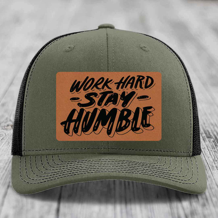 Work Hard, Stay Humble - Leather Patch Hat - Rawhide to Black Patch - Richardson 112 Snapback Trucker Hat