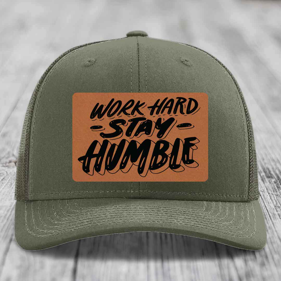 Work Hard, Stay Humble - Leather Patch Hat - Rawhide to Black Patch - Richardson 112 Snapback Trucker Hat