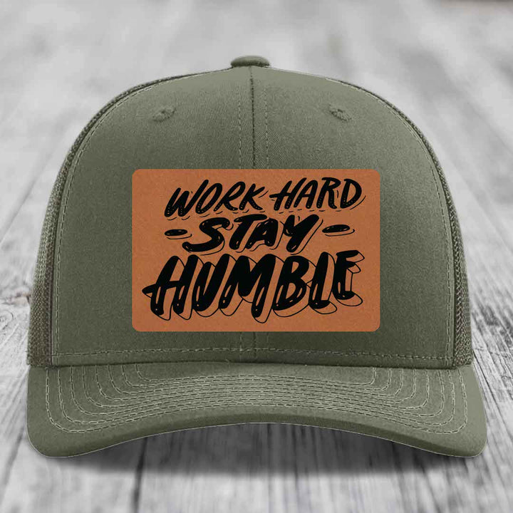 Work Hard, Stay Humble - Leather Patch Hat - Rawhide to Black Patch - Richardson 112 Snapback Trucker Hat