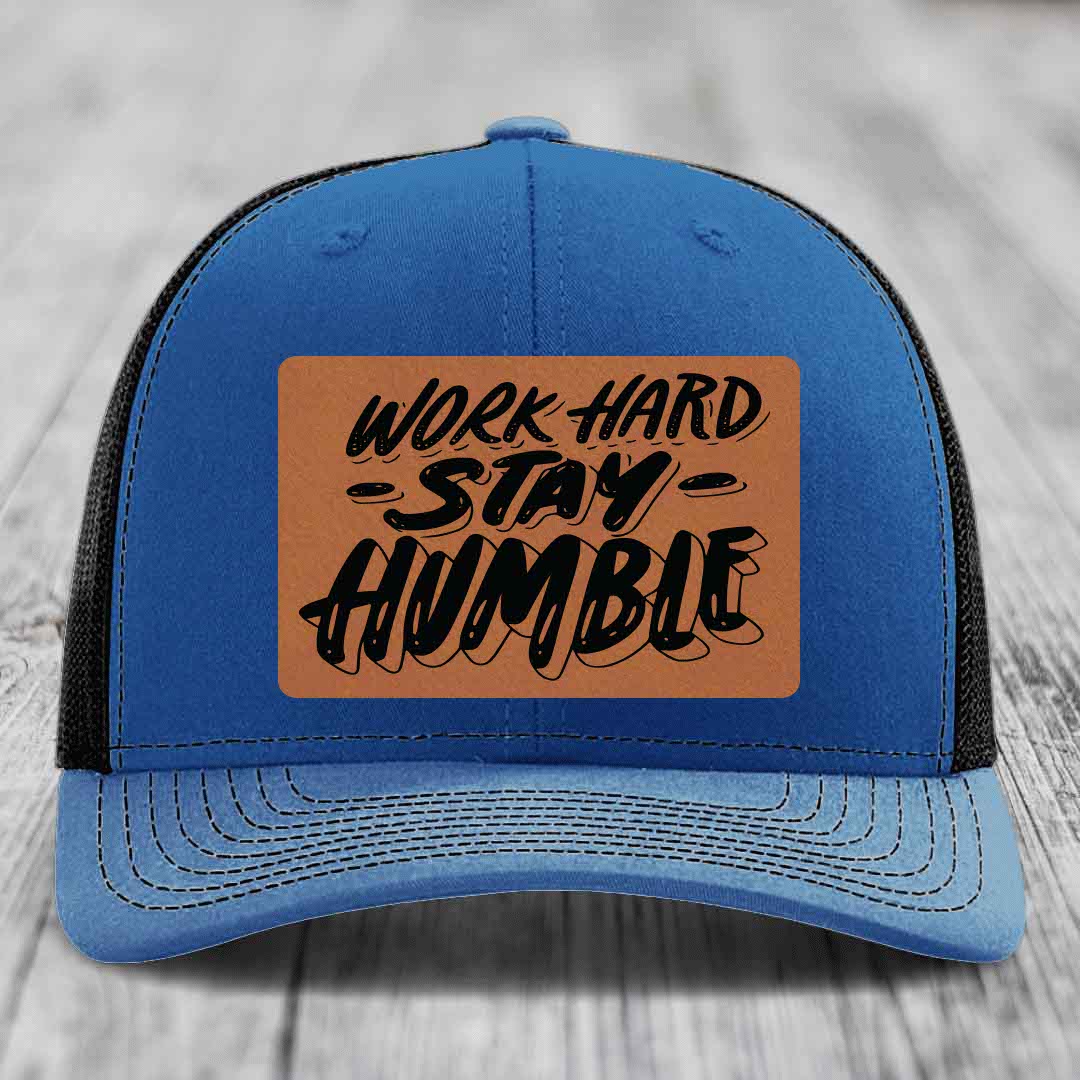 Work Hard, Stay Humble - Leather Patch Hat - Rawhide to Black Patch - Richardson 112 Snapback Trucker Hat