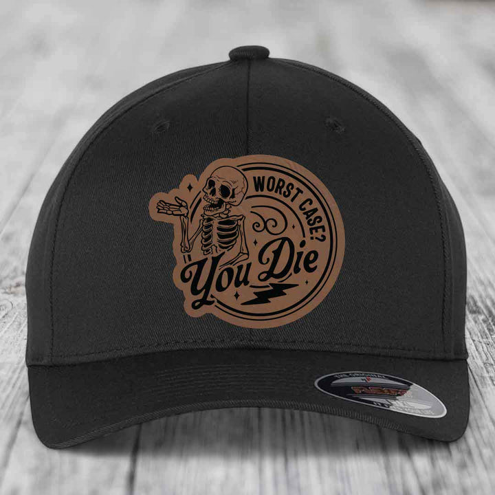 Worst Case, You Die - Leather Patch Hat - Dark Brown to Black Patch - Flexfit 6277 Fitted Hat