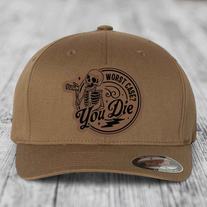 Worst Case, You Die - Leather Patch Hat - Dark Brown to Black Patch - Flexfit 6277 Fitted Hat