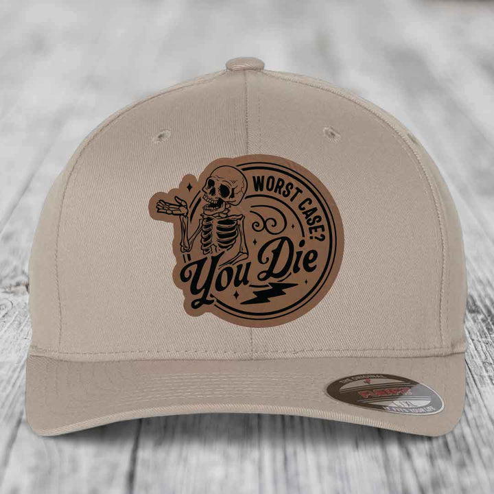 Worst Case, You Die - Leather Patch Hat - Dark Brown to Black Patch - Flexfit 6277 Fitted Hat