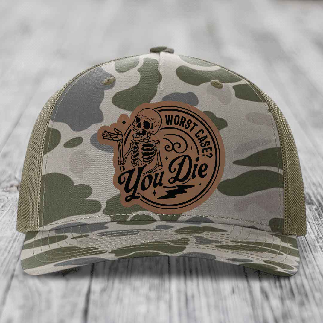 Worst Case, You Die - Leather Patch Hat - Dark Brown to Black Patch - Richardson 112PFP Snapback Trucker Hat