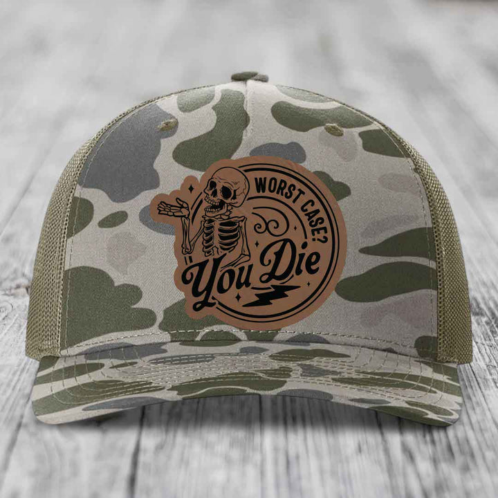 Worst Case, You Die - Leather Patch Hat - Dark Brown to Black Patch - Richardson 112PFP Snapback Trucker Hat