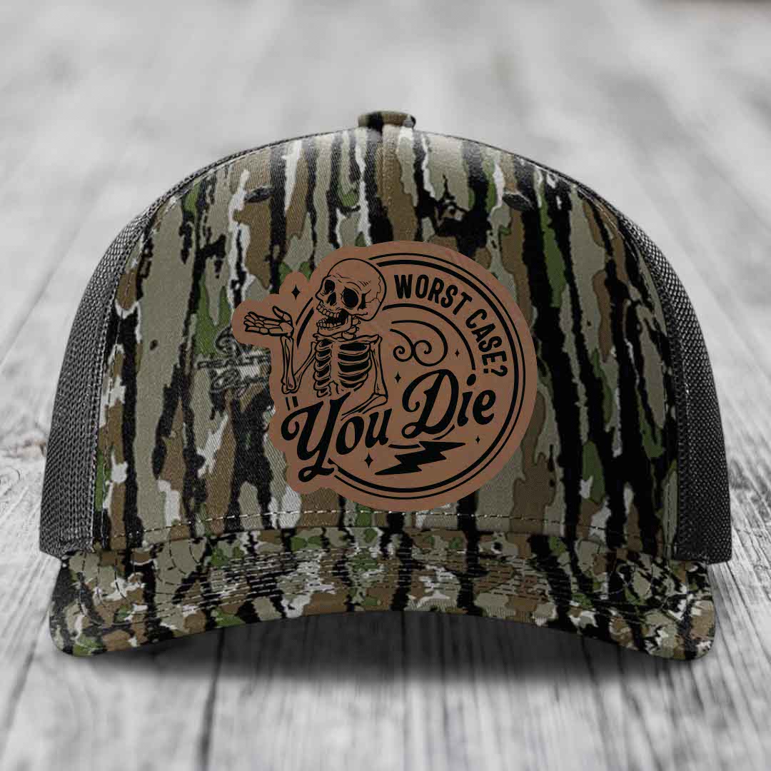 Worst Case, You Die - Leather Patch Hat - Dark Brown to Black Patch - Richardson 112PFP Snapback Trucker Hat