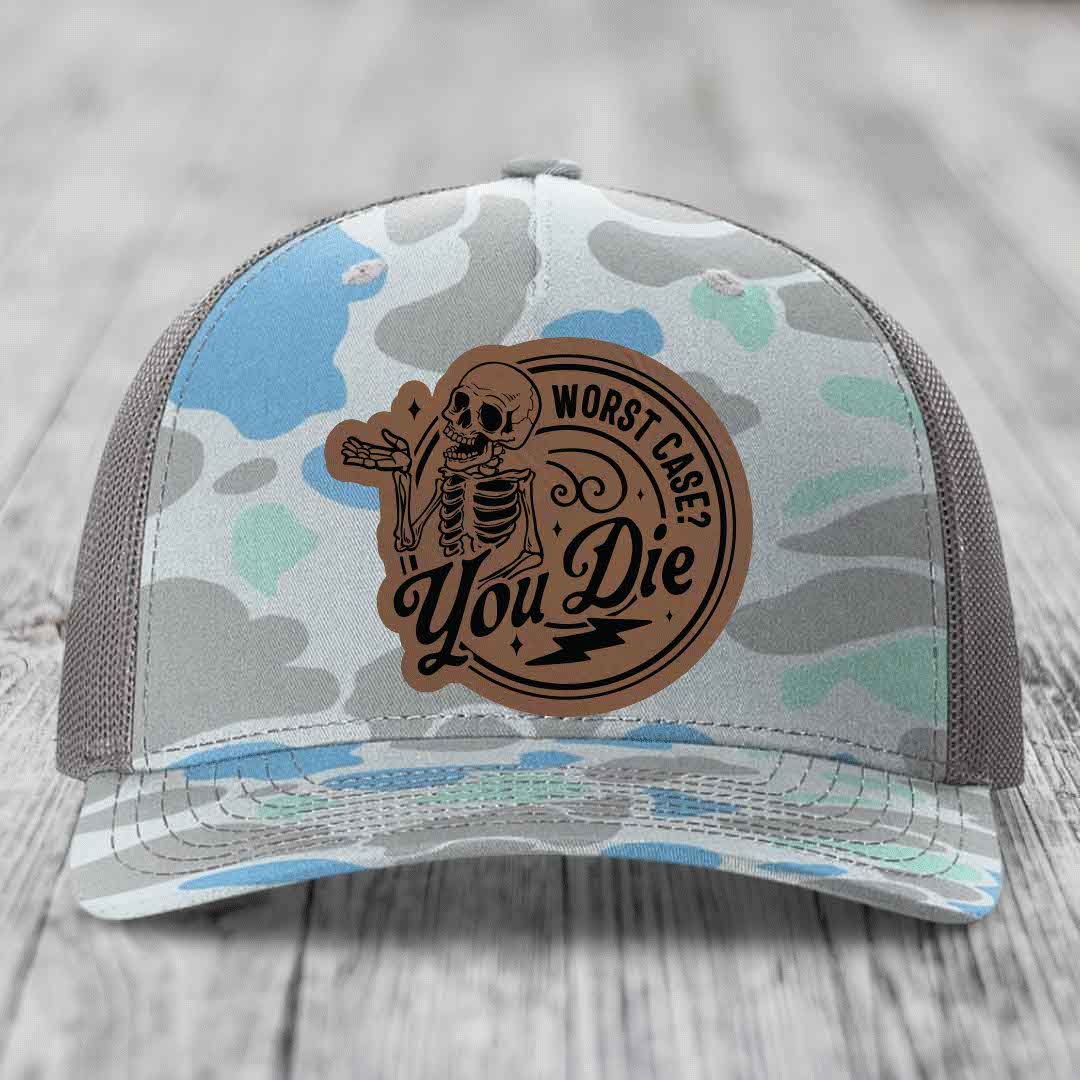 Worst Case, You Die - Leather Patch Hat - Dark Brown to Black Patch - Richardson 112PFP Snapback Trucker Hat