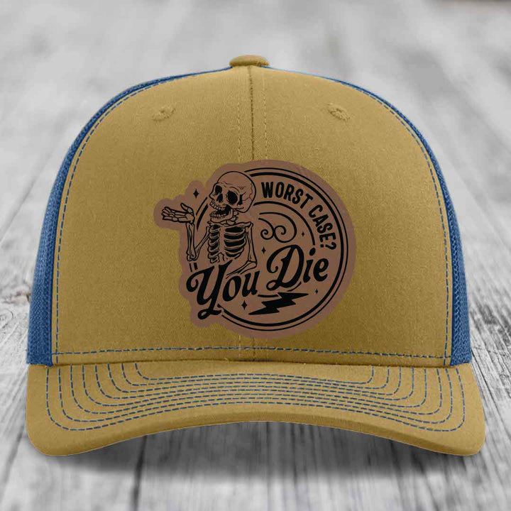 Worst Case, You Die - Leather Patch Hat - Dark Brown to Black Patch - Richardson 112 Snapback Trucker Hat