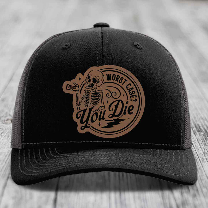 Worst Case, You Die - Leather Patch Hat - Dark Brown to Black Patch - Richardson 112 Snapback Trucker Hat