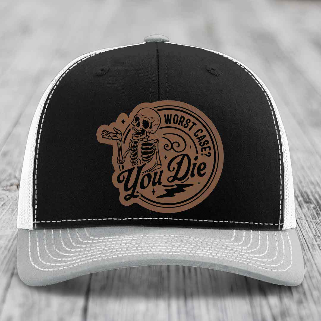 Worst Case, You Die - Leather Patch Hat - Dark Brown to Black Patch - Richardson 112 Snapback Trucker Hat
