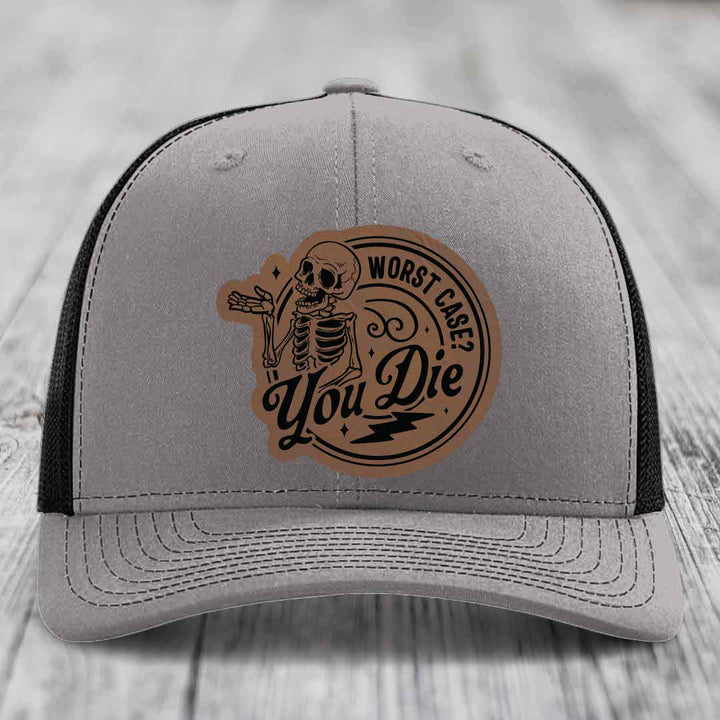 Worst Case, You Die - Leather Patch Hat - Dark Brown to Black Patch - Richardson 112 Snapback Trucker Hat