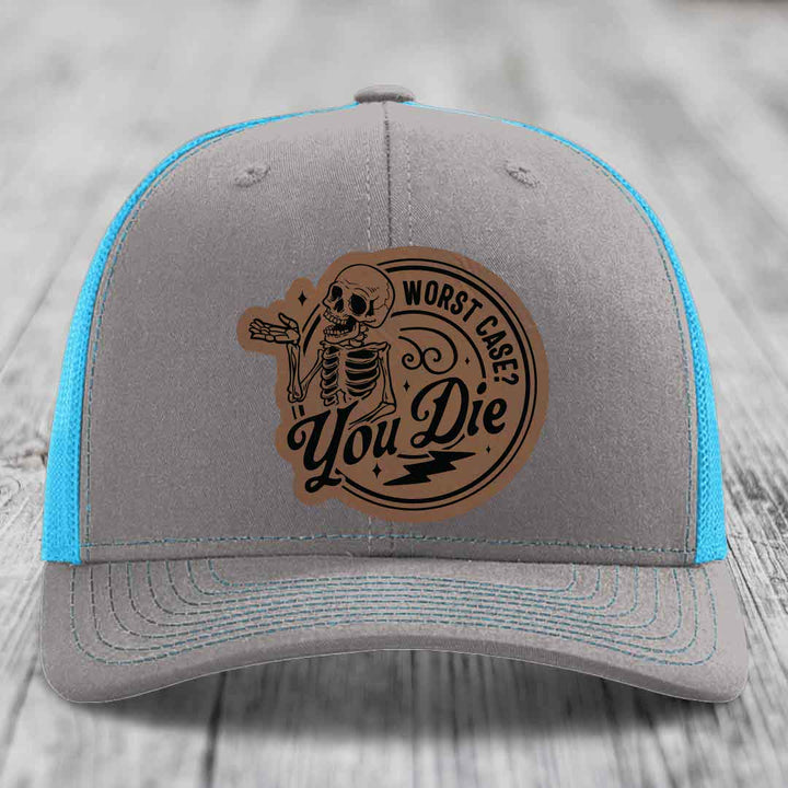 Worst Case, You Die - Leather Patch Hat - Dark Brown to Black Patch - Richardson 112 Snapback Trucker Hat