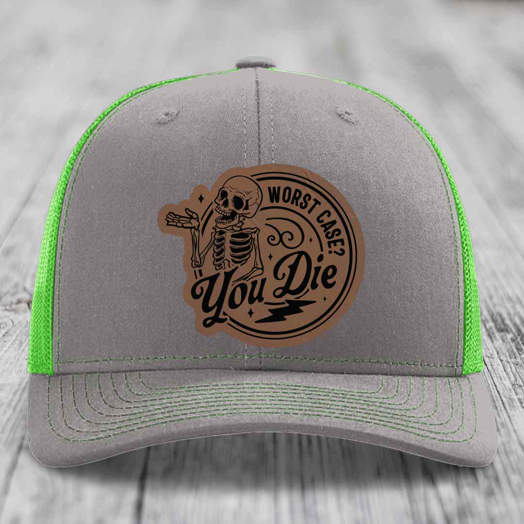 Worst Case, You Die - Leather Patch Hat - Dark Brown to Black Patch - Richardson 112 Snapback Trucker Hat