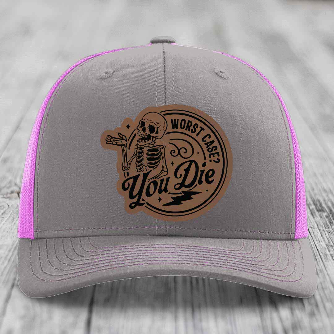 Worst Case, You Die - Leather Patch Hat - Dark Brown to Black Patch - Richardson 112 Snapback Trucker Hat