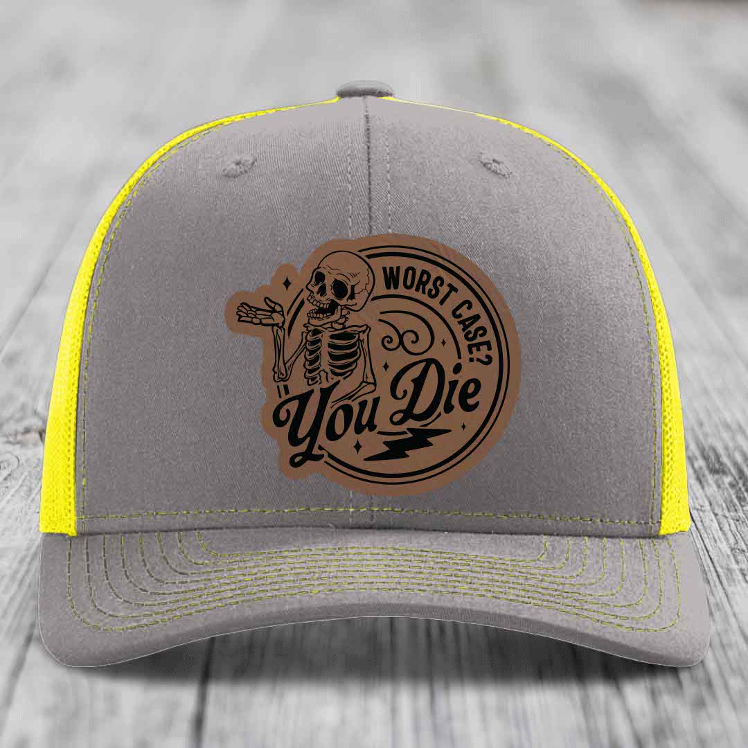 Worst Case, You Die - Leather Patch Hat - Dark Brown to Black Patch - Richardson 112 Snapback Trucker Hat