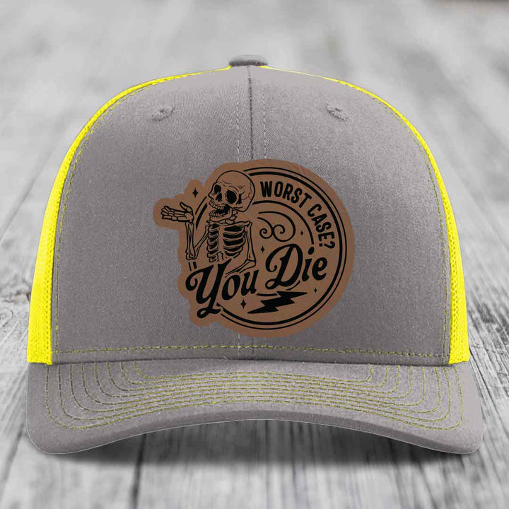 Worst Case, You Die - Leather Patch Hat - Dark Brown to Black Patch - Richardson 112 Snapback Trucker Hat