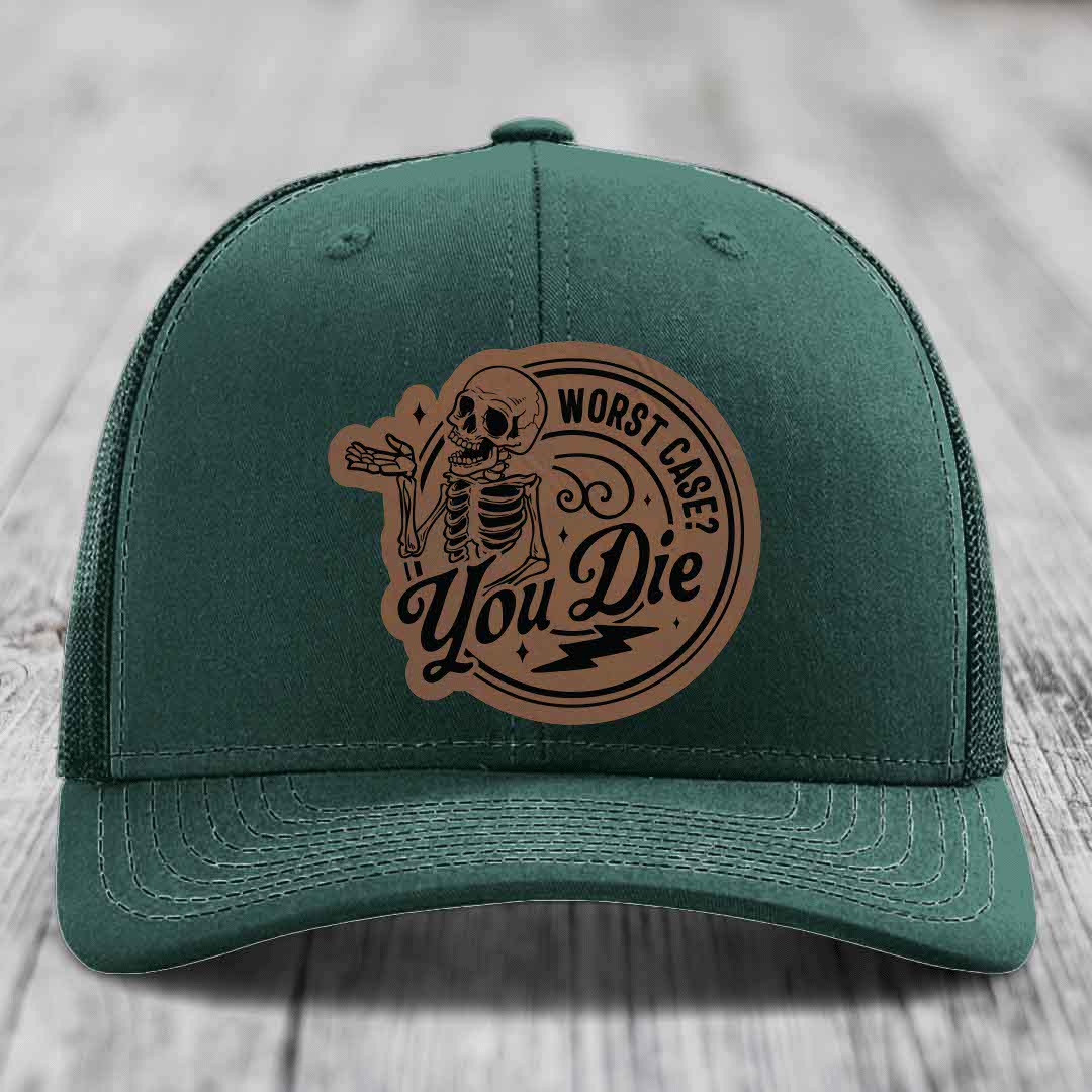 Worst Case, You Die - Leather Patch Hat - Dark Brown to Black Patch - Richardson 112 Snapback Trucker Hat