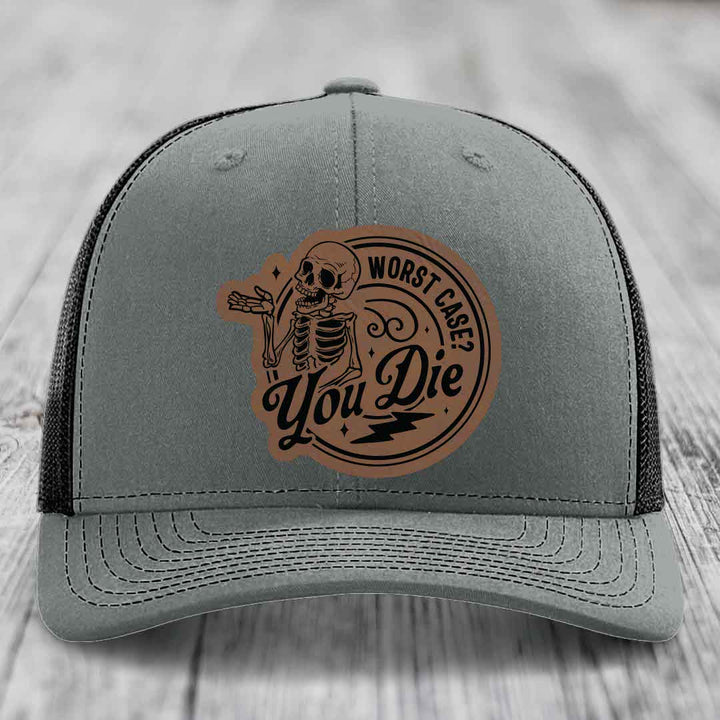 Worst Case, You Die - Leather Patch Hat - Dark Brown to Black Patch - Richardson 112 Snapback Trucker Hat
