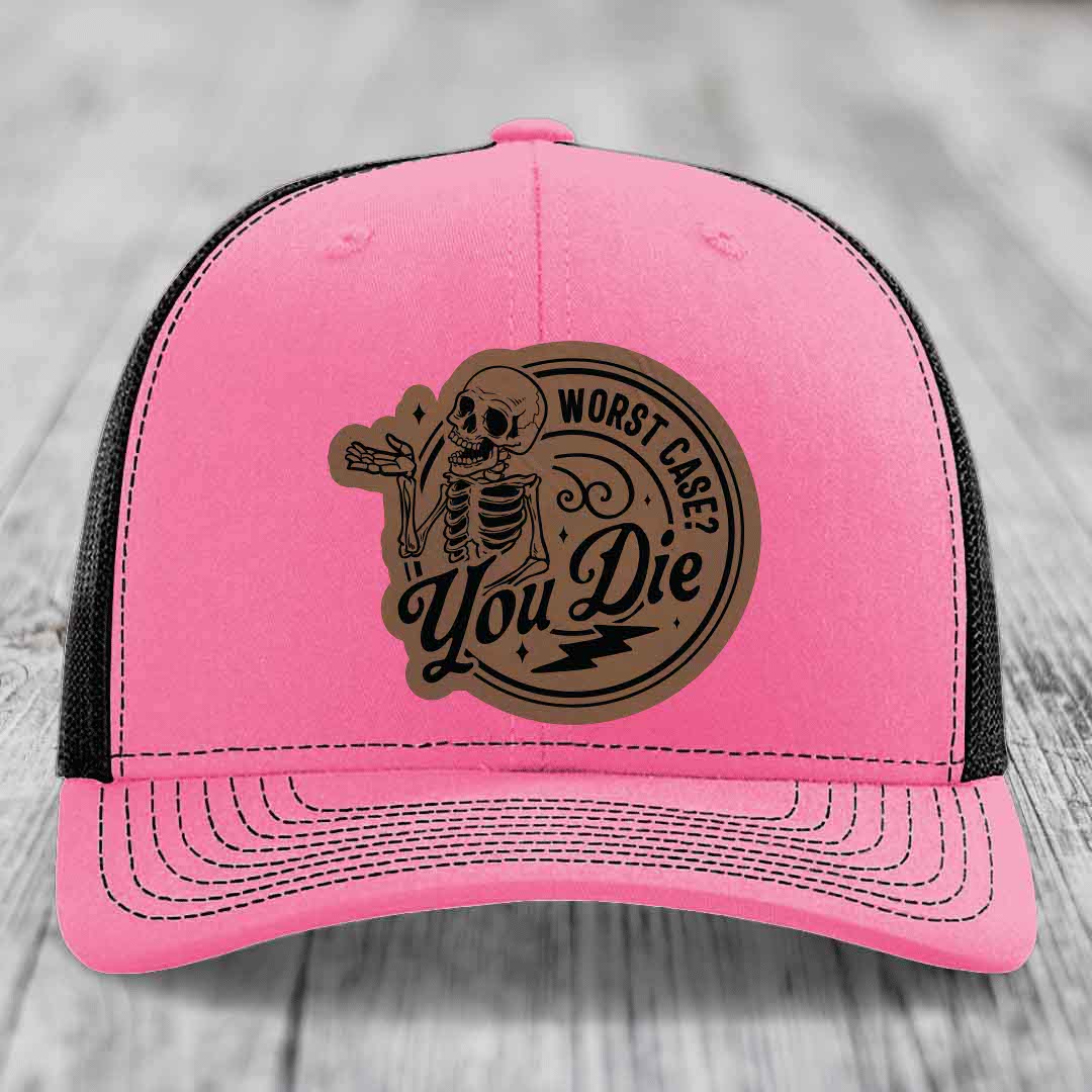 Worst Case, You Die - Leather Patch Hat - Dark Brown to Black Patch - Richardson 112 Snapback Trucker Hat